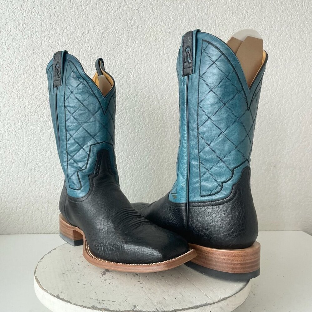 Rod Patrick Mens Cowboy Boots Black Ostrich Blue Leather Western Square Toe 14A